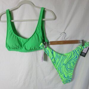 wild fable 2 Piece Bikini Lime Green and Blue Waves Size Large / XL NWT